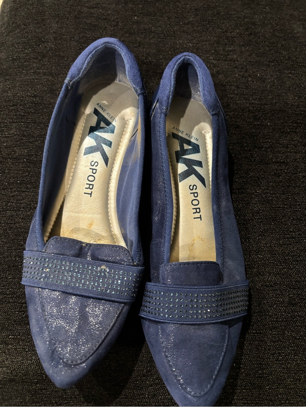 Anne Klein Blue Pointed-Toe Loafers with Studded Strap